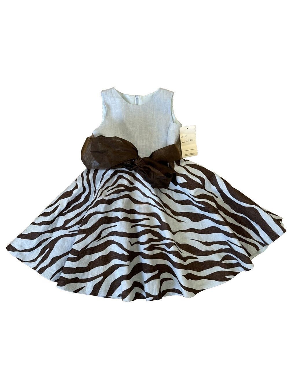 Susanne Lively Designs Girls Dress Sz 5 Blue Brown Zebra Print 100% Linen NWT